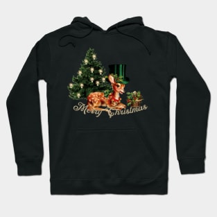 Merry Christmas, cute little fawn with hat and christmas tree Hoodie